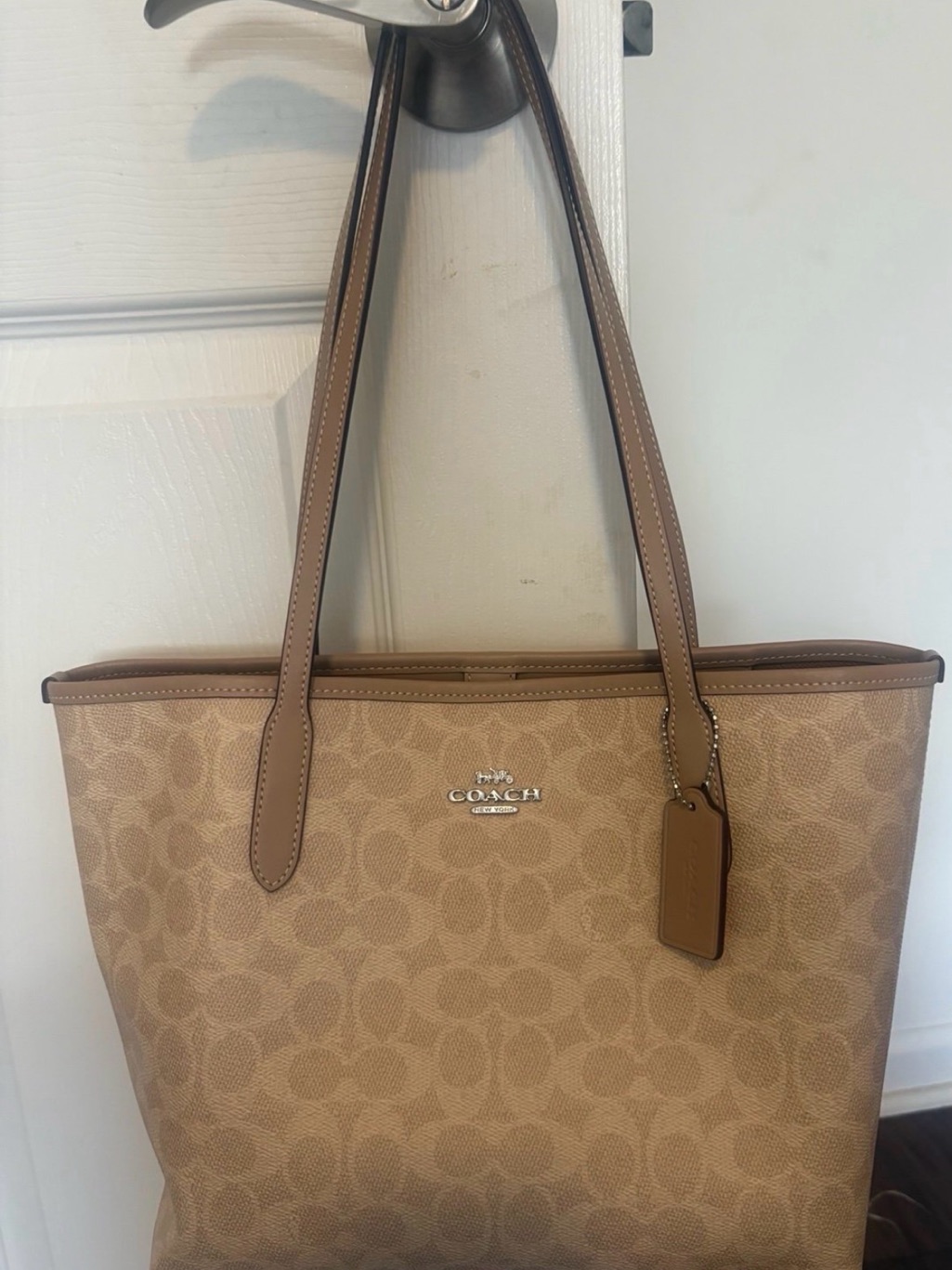 Coach Tan Signature Canvas Tote With Leather Trim